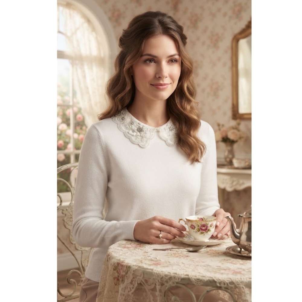 La Vila Milano Dainty Lace Embellished Collar Sweater White Medium